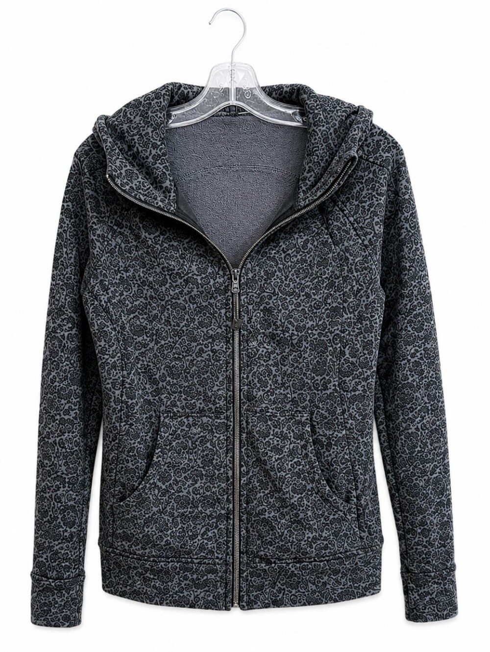 Lululemon Women’s Full Zip Hoodie Gray Black Floral Print Size 8 Thumbholes Zip